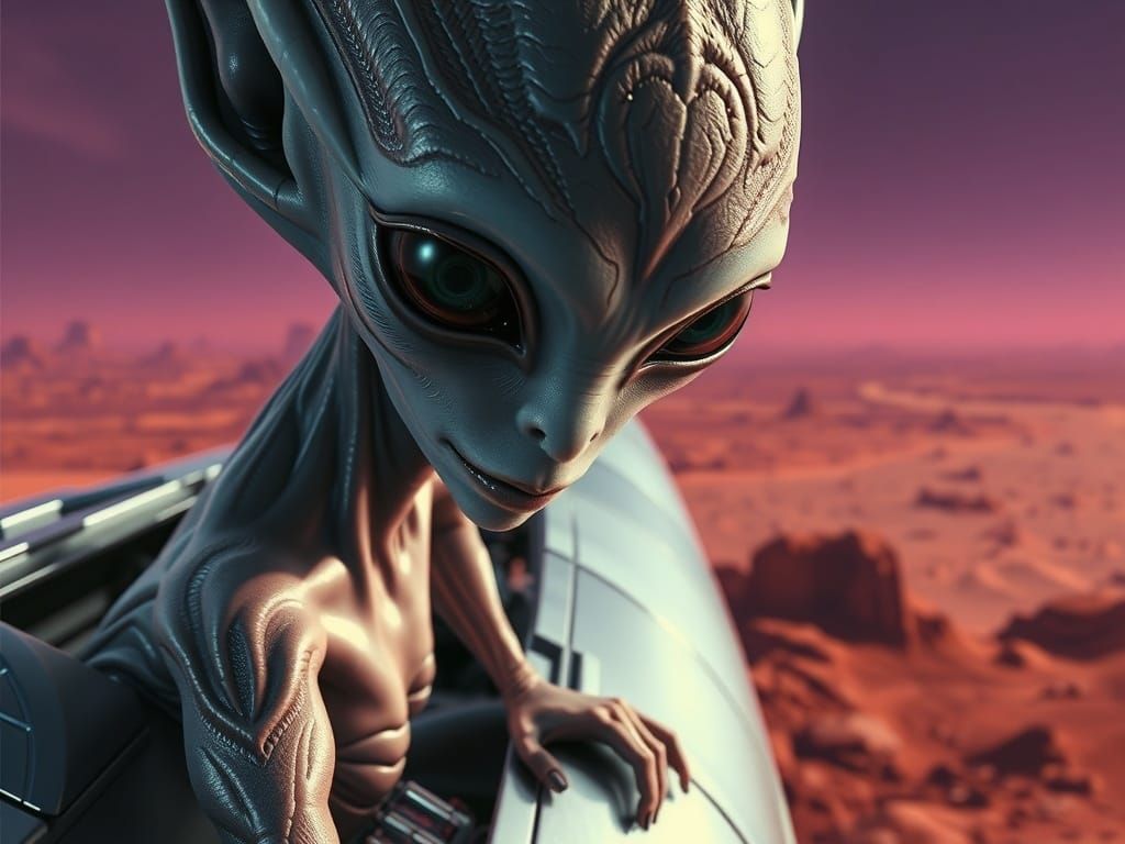 Alien Beauty on Spaceship Wing in Mars Landscape