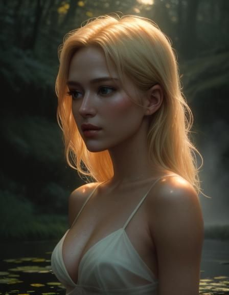 Enticing Nymph in Pond: Cinematic Film Still