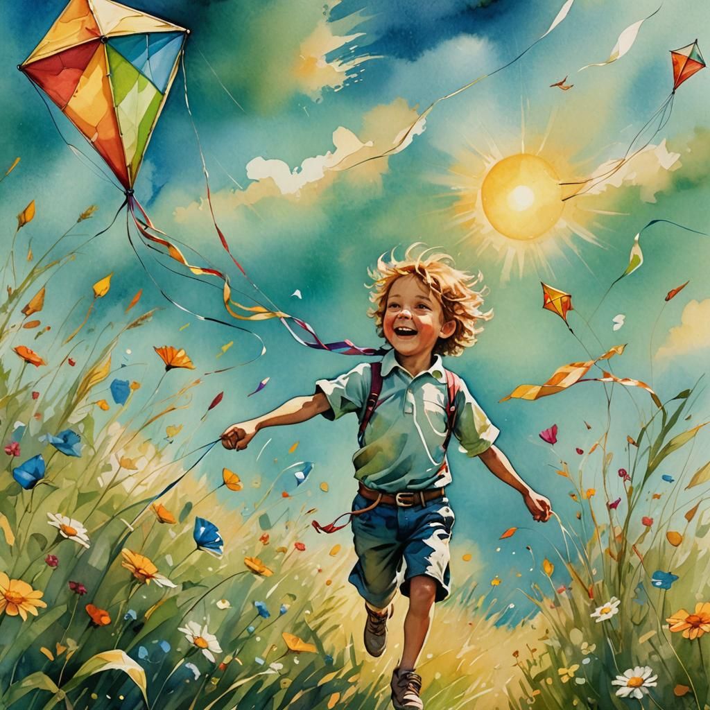 Kite Chasing a Laughing Child in Dreamscape Meadow