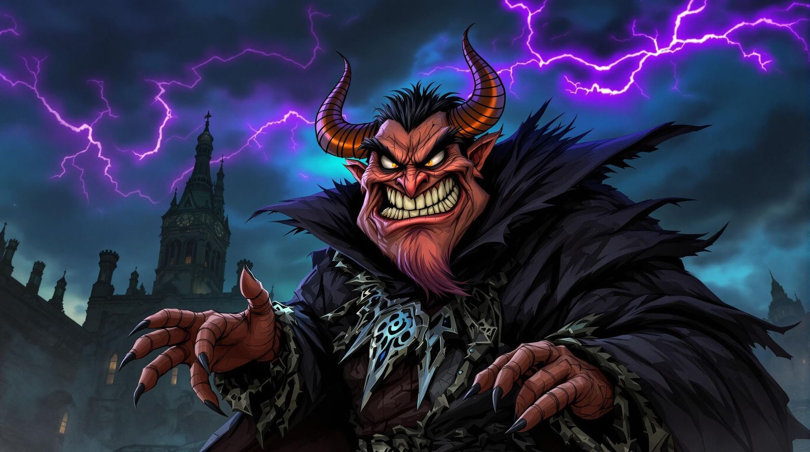 Cartoon Villain in Victorian Setting with Lightning