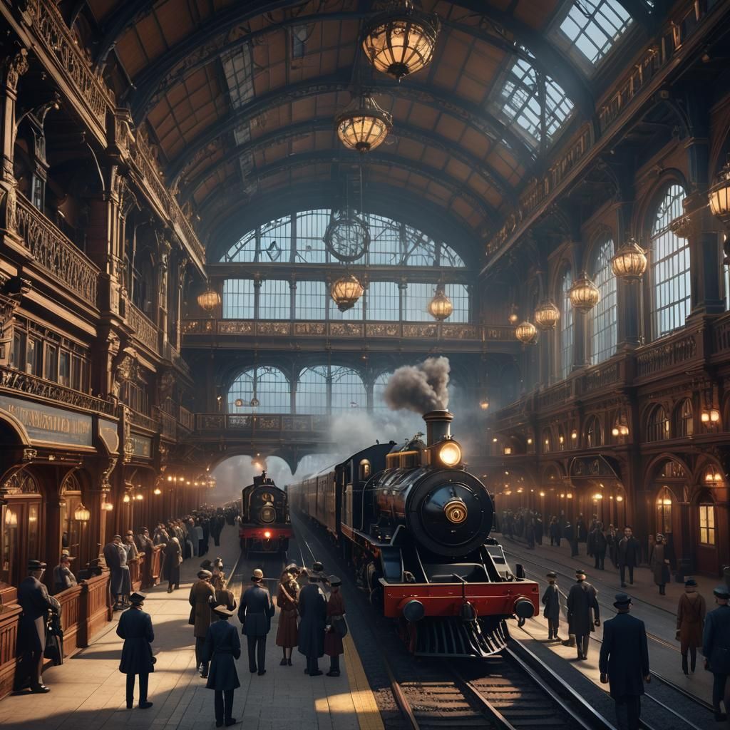 Victorian Era Train Station in Matte Painting Style
