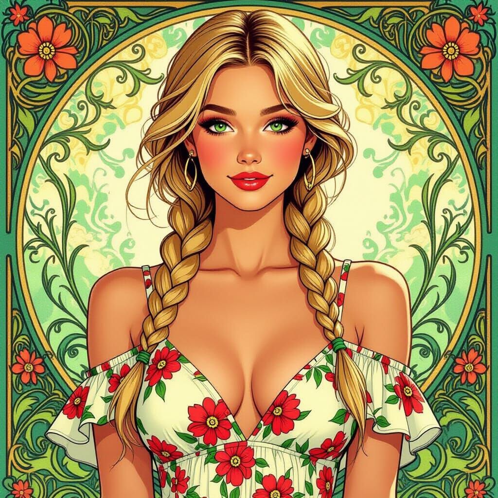 Floral Summer: Woman with Braids in Art Nouveau Style