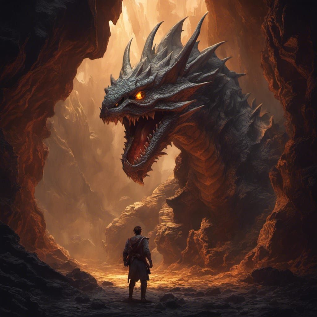 Dragon Surprises Adventurer: Dark Fantasy Concept Art