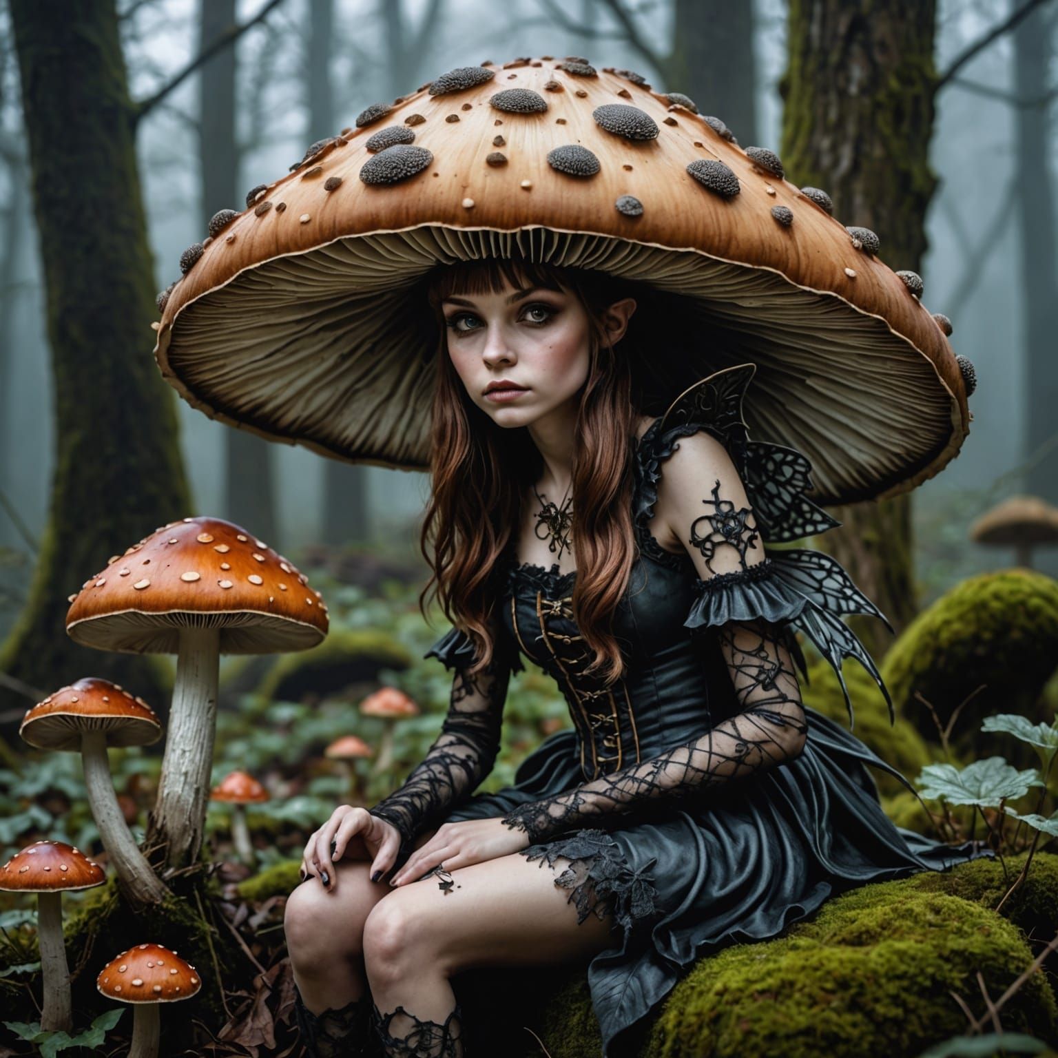 Gothic Mushroom Fairy in Hyperrealistic Digital Art