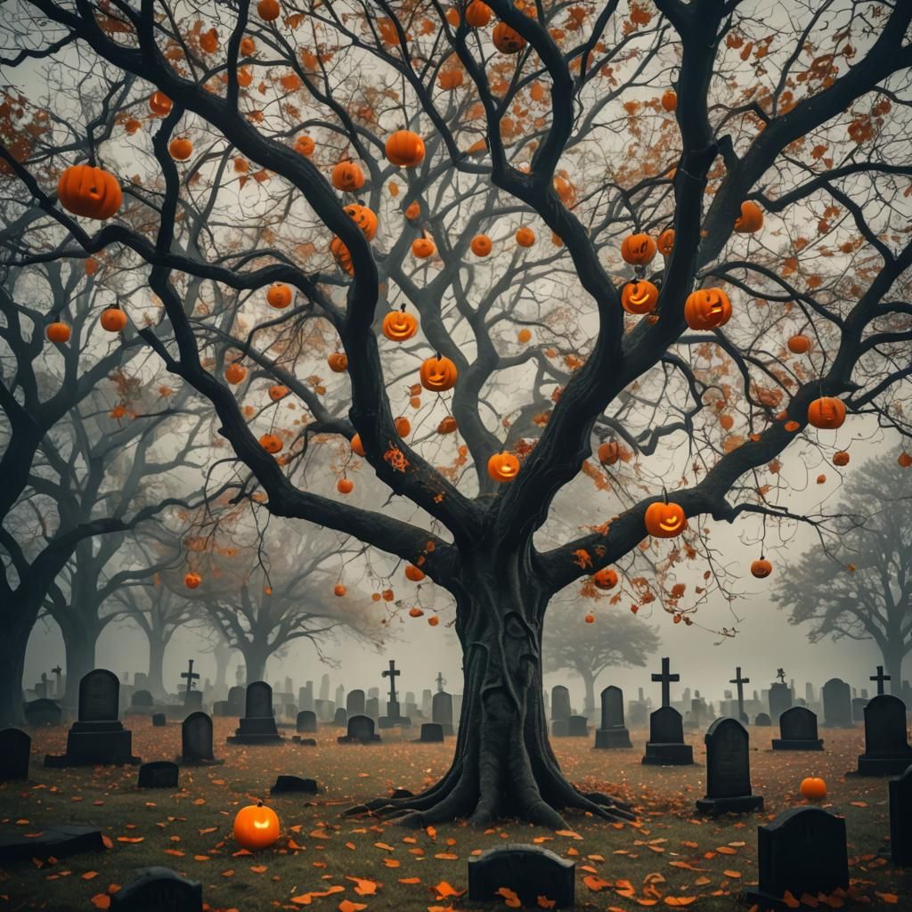 Halloween Tree with Jack-o'-Lanterns in Graveyard
