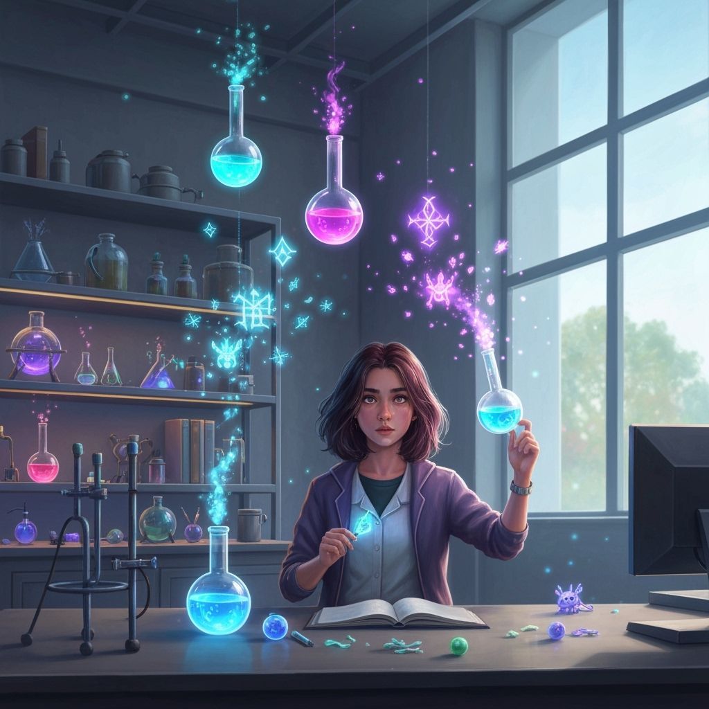 Alchemist in Neon Lab with Floating Flasks