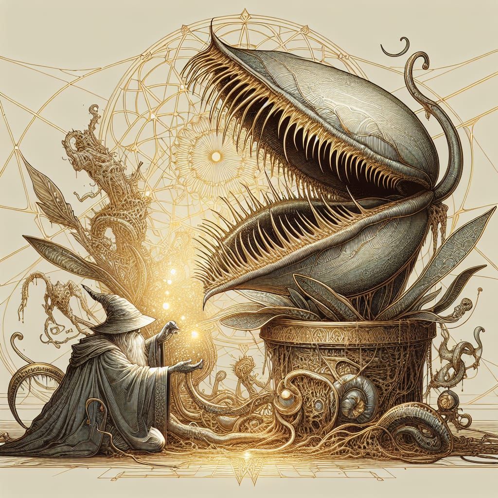 Devoted Wizard Nurturing Giant Venus Flytrap in Digital Art