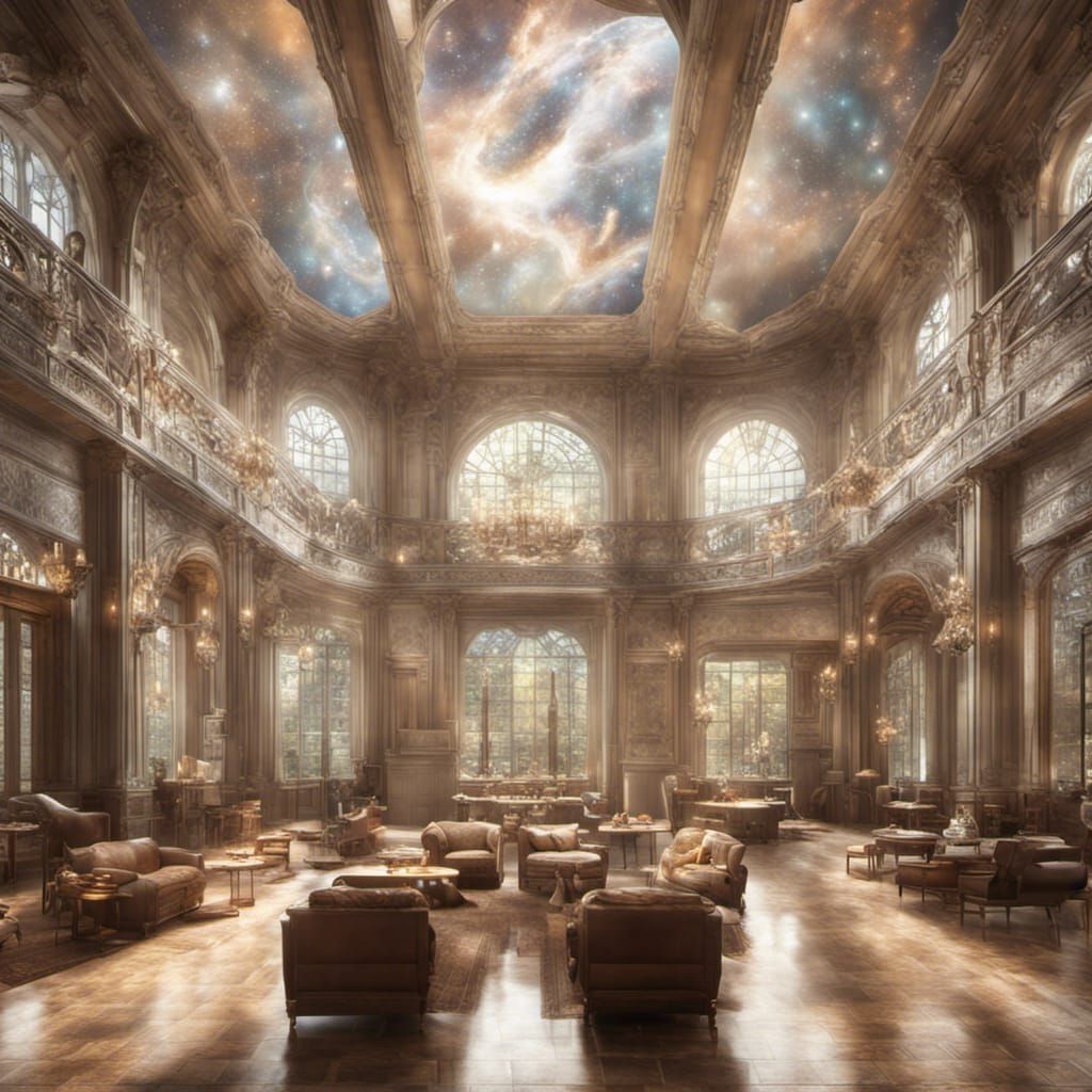 Hyperrealistic Library Interior with View of Outer Space