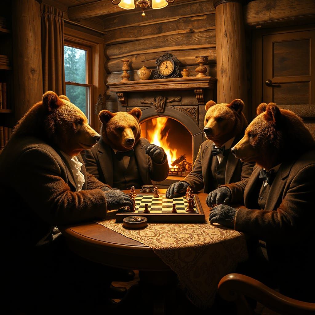 Hyperrealistic Bears Play Chess in Cozy Cabin