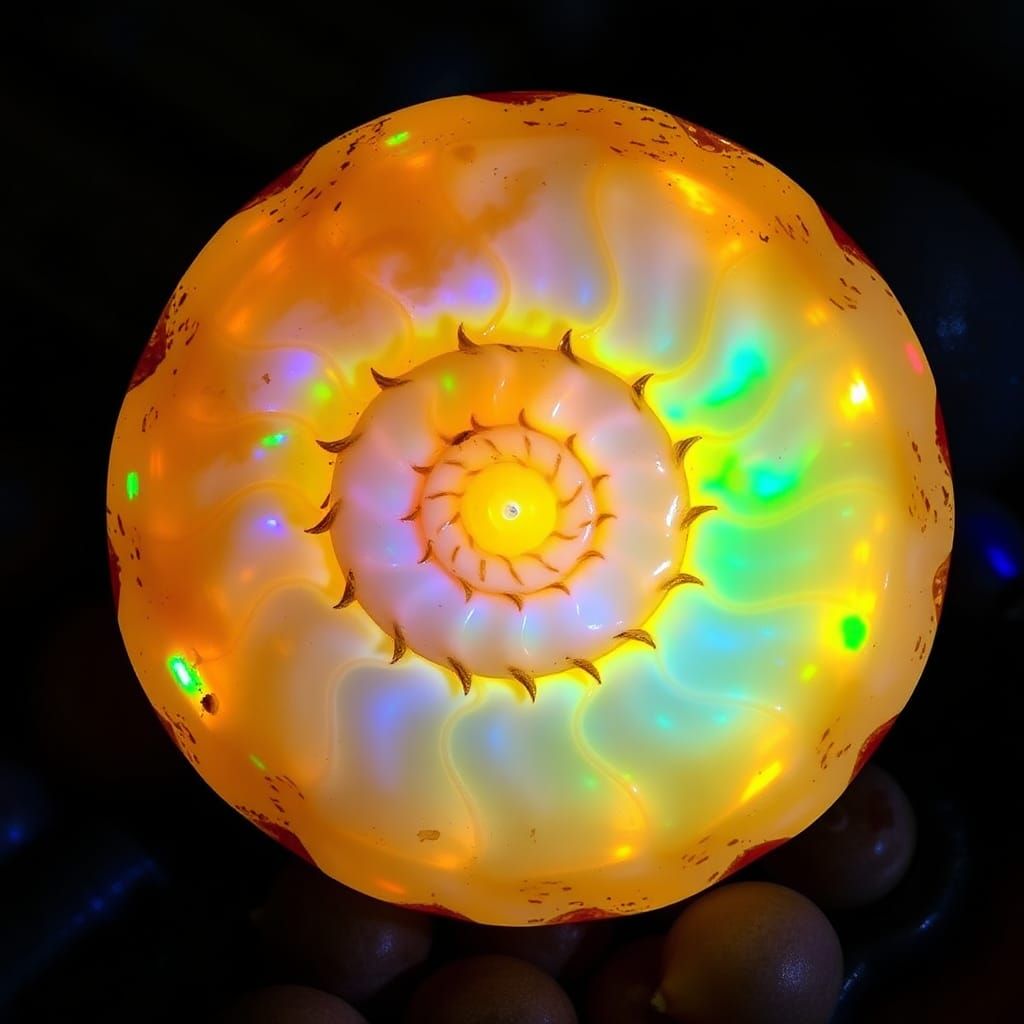 Opaline Ammonite Gemstone Snail with Bioluminescent Fauna