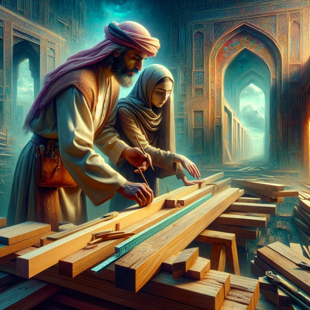 Carpenter and Apprentice Constructing a House: Matte Paintin...