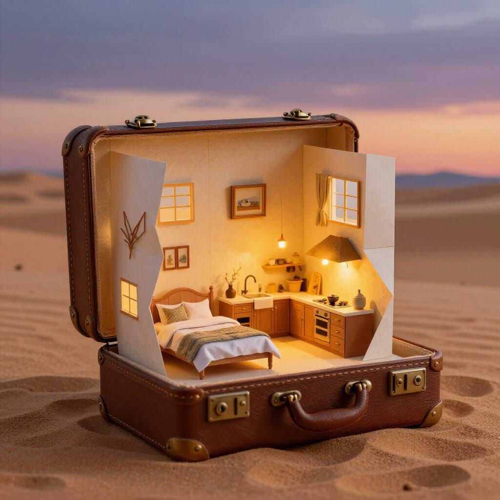 Unfolding Home in Vintage Suitcase Amidst Desert Landscape