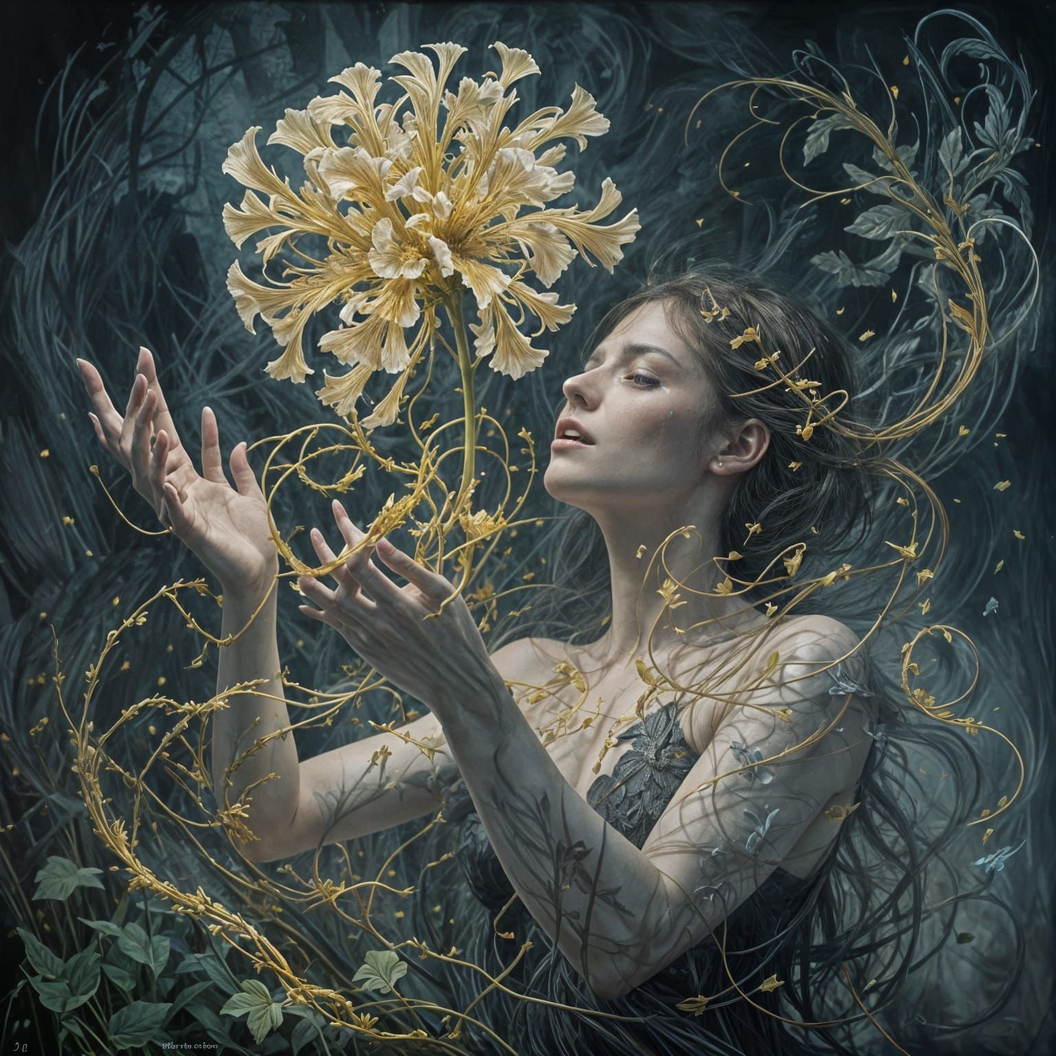 Surrealistic Goddess Blooms with Ligularia Przewalskii in Sh...