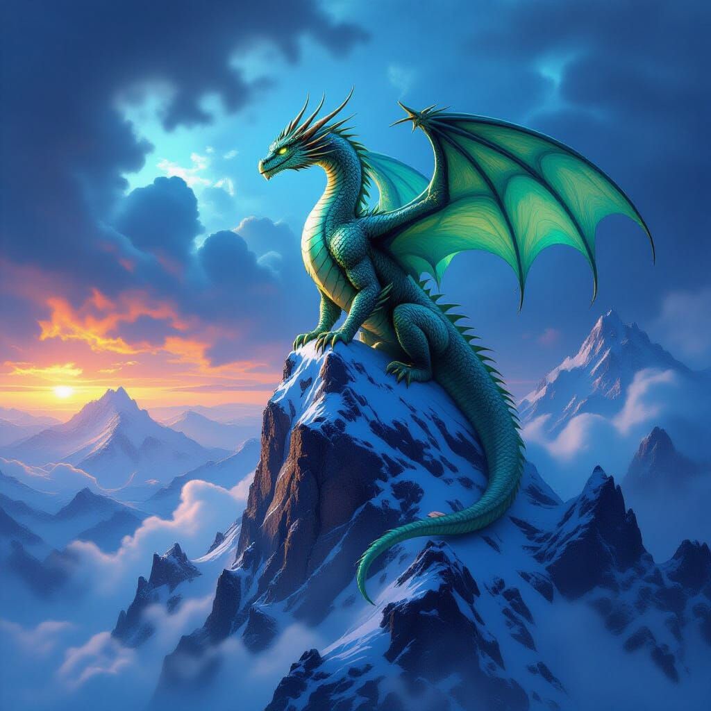 Majestic Dragon on Snowy Peak in Fantasy Concept Art Style