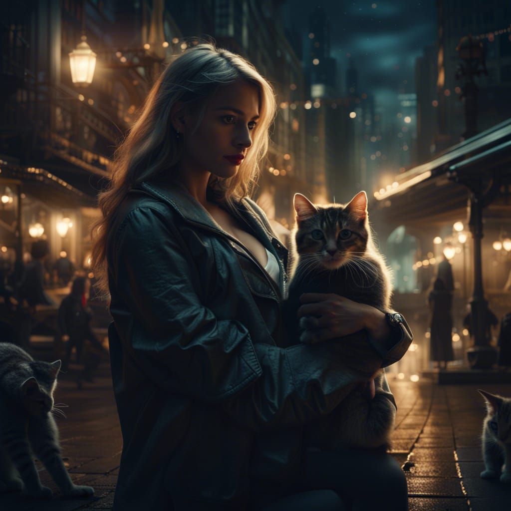 Women with Kittens in City at Night