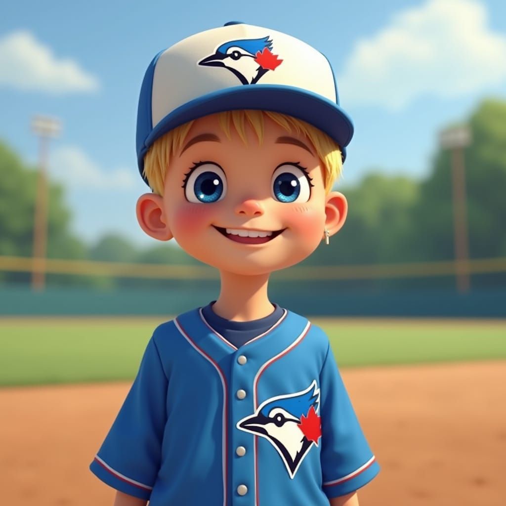 Young Boy with Blonde Hair in Baseball Outfit