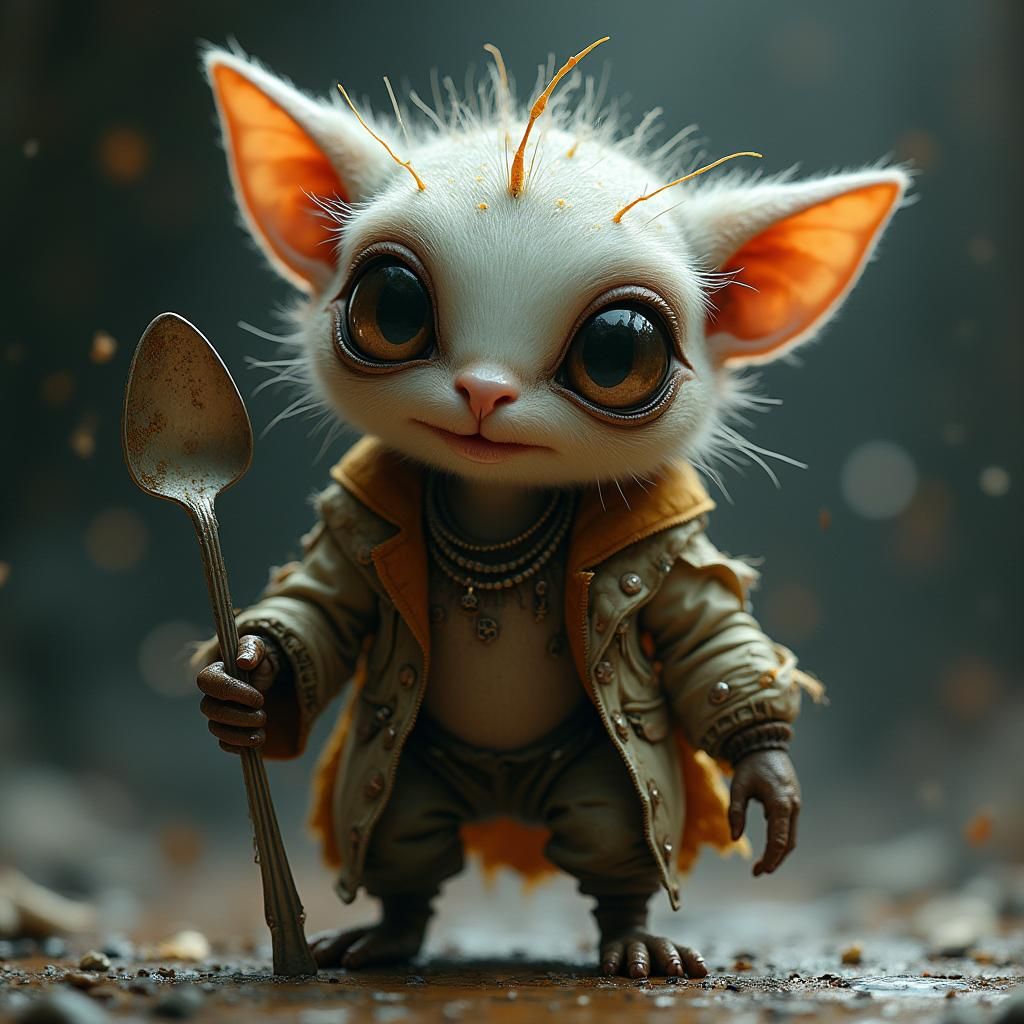 Cute Alien Trickster Steals Silverware: Digital Concept Art