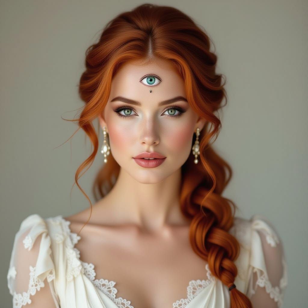 Elegant Redhead with Forehead Eye: Hyperrealistic Portrait