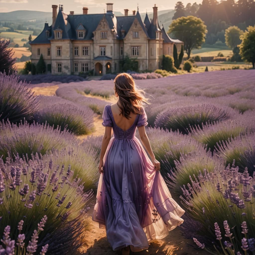 Ethereal Woman in Lavender Field, Art Nouveau Style