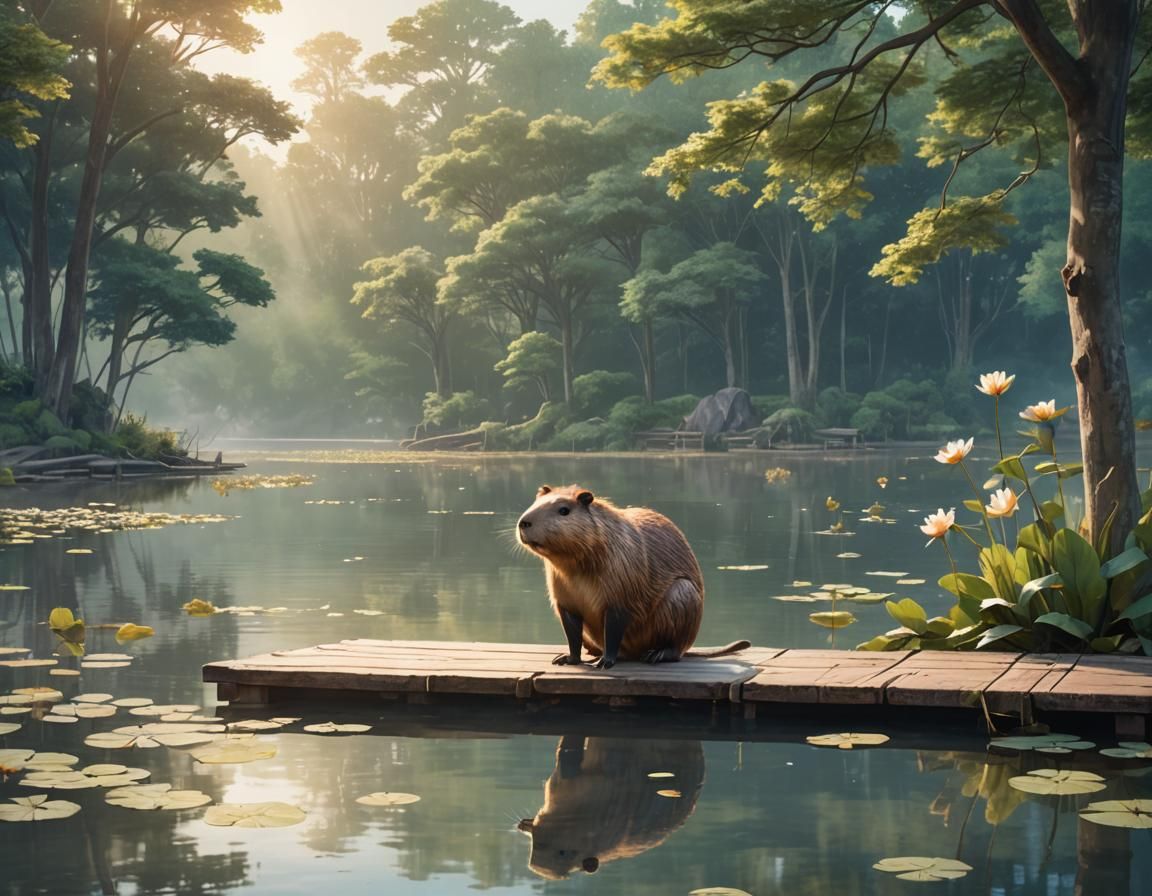 Capybara on Pier in Anime-Inspired 3D Art