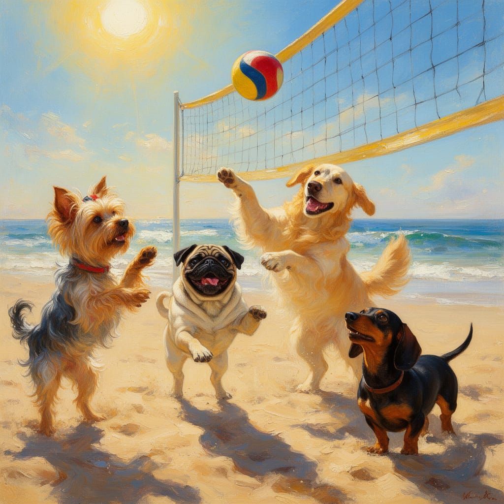 Dogs Play Volleyball on Sunny Beach in Oil Painting Style