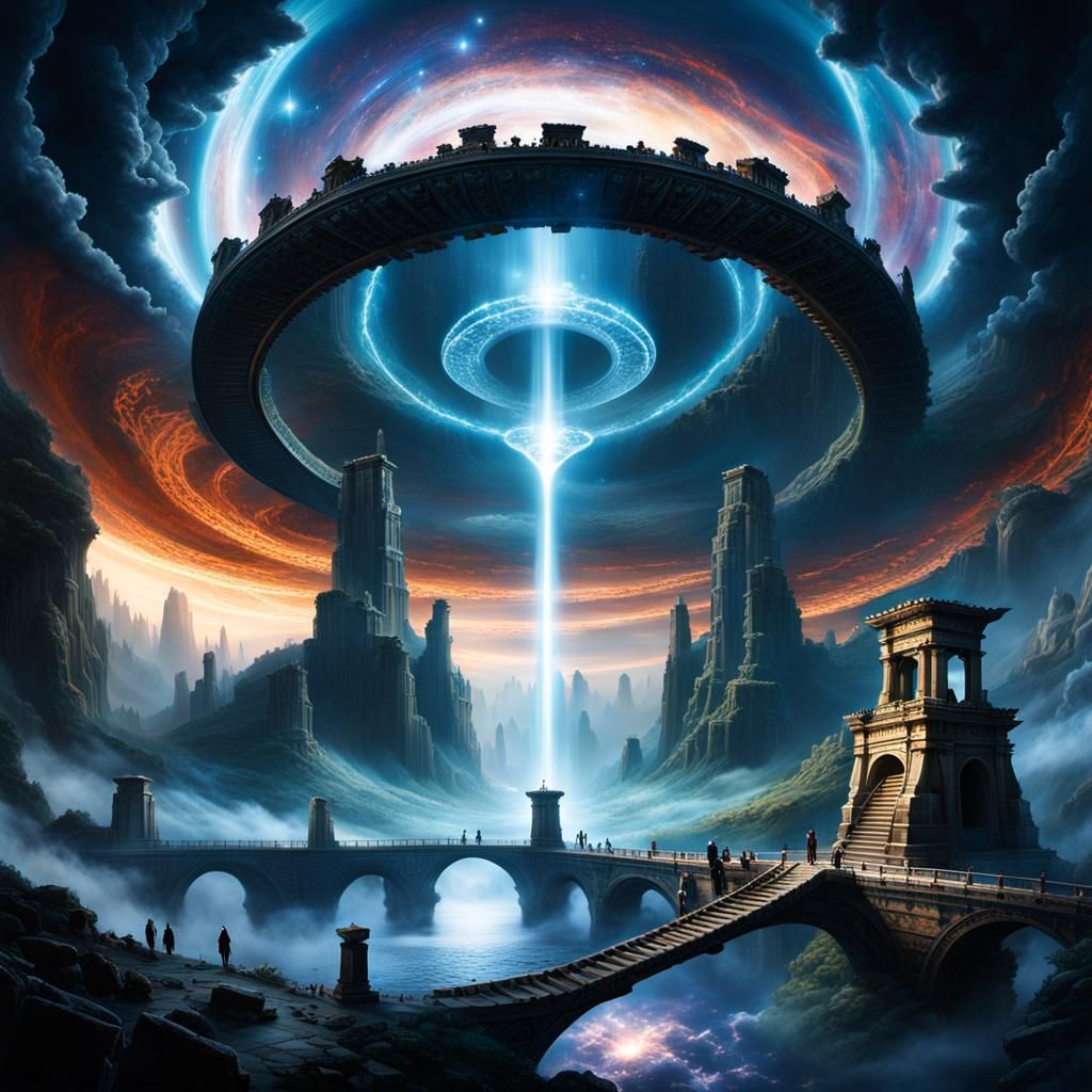 Floating Ruins in Fragmented Landscape with Cosmic Clouds