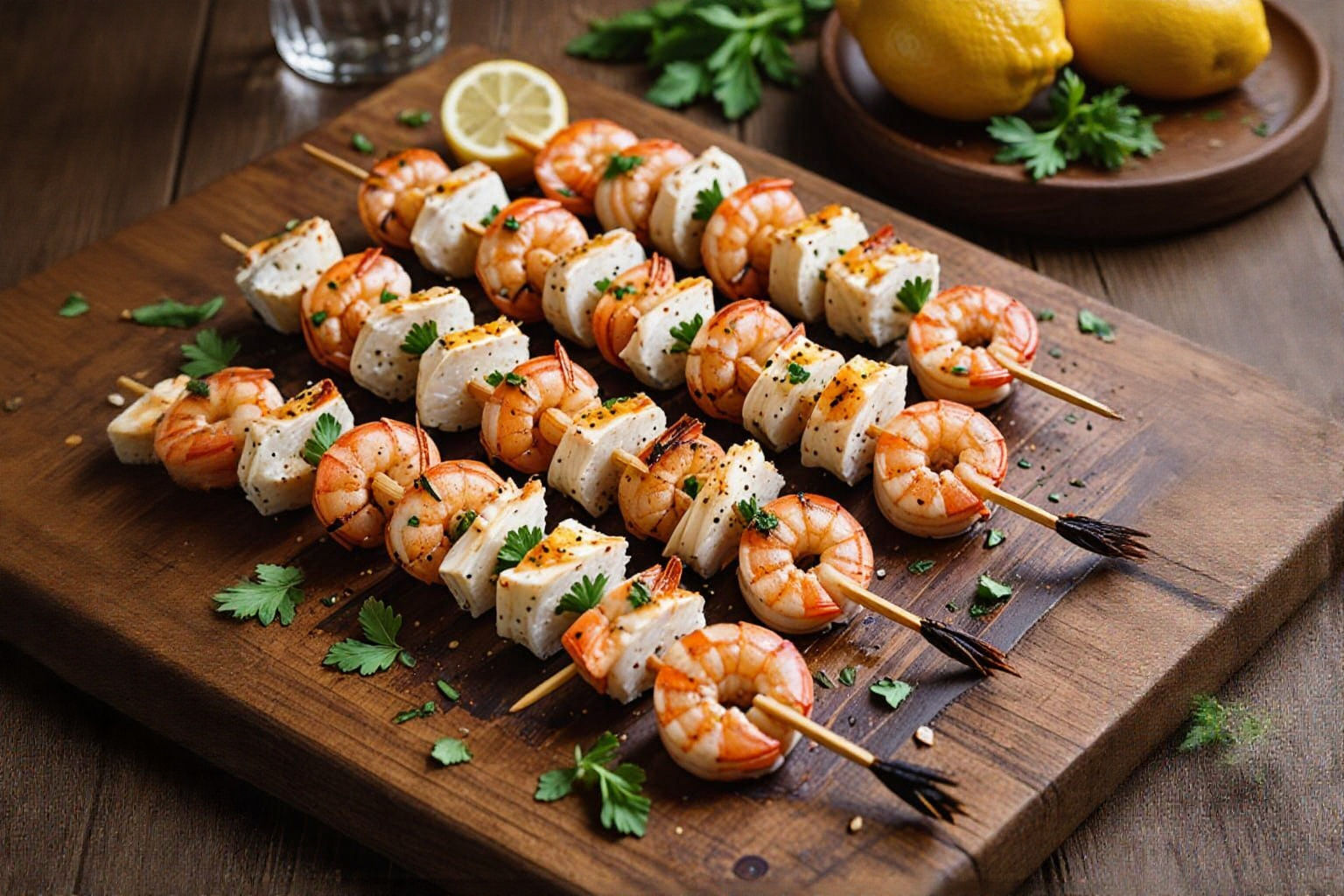 Garlic Shrimp Skewers on Rustic Table