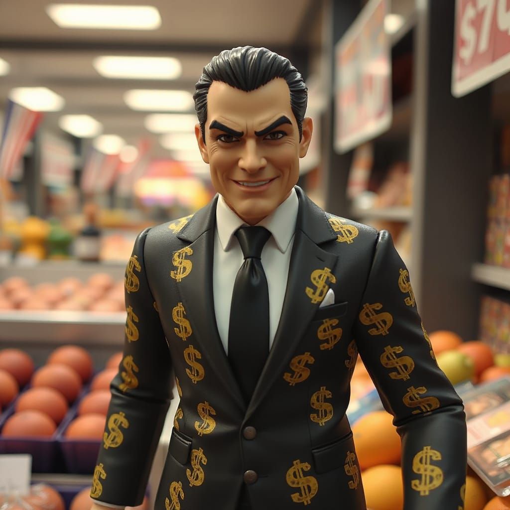 Man in Dollar Sign Suit Smirks at Market
