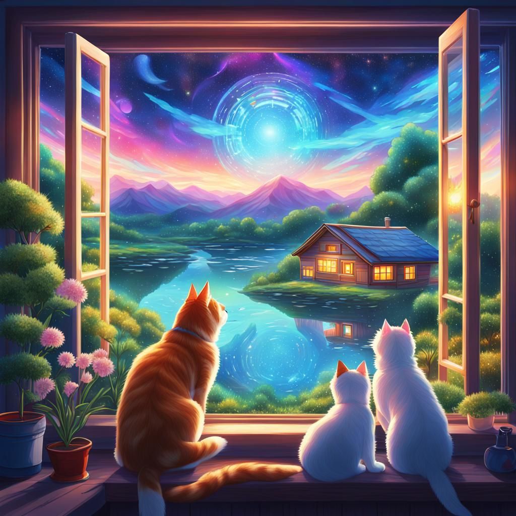 Anime River Scene with Cat and Dog