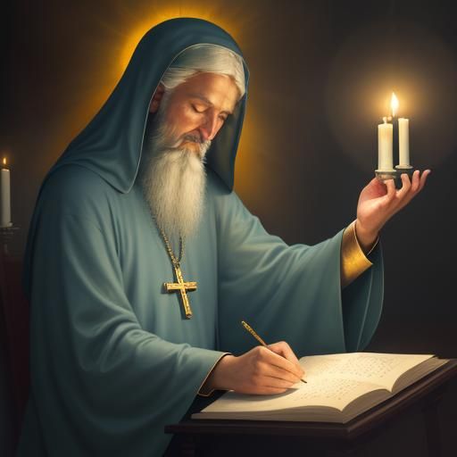 Orthodox Monk Praying in Misty Forest, Kinkade Style