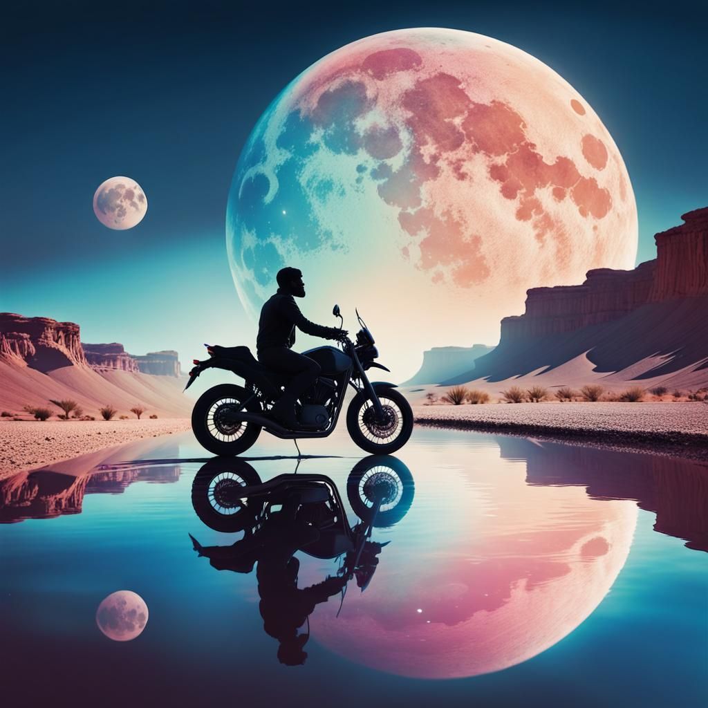 Motorcycle Silhouette with Desert Highway and Double Moons