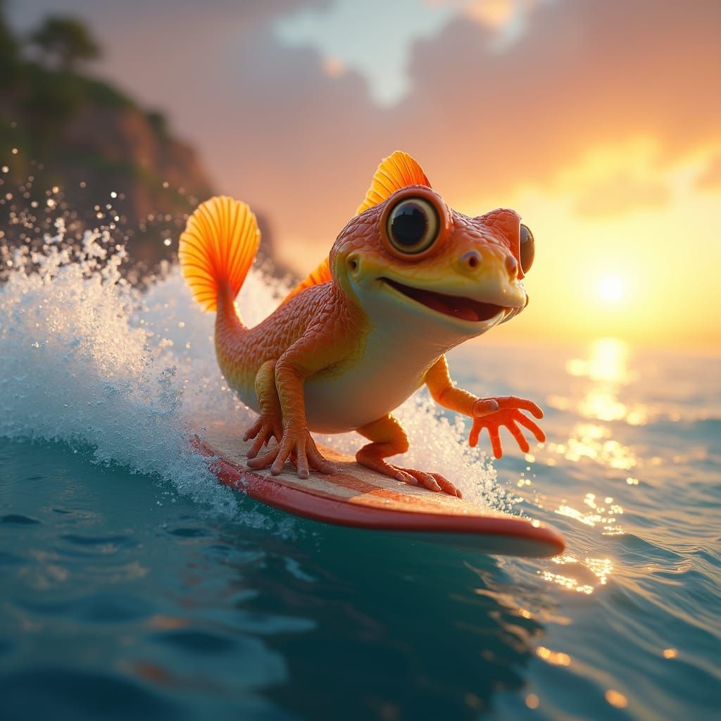 Happy Murloc Surfing a Wave at Sunset