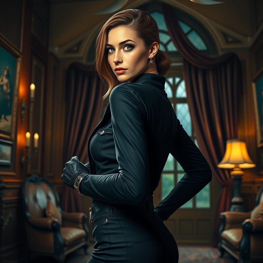 Confident Spy Woman in Sleek Black Jumpsuit with Emerald Eye...