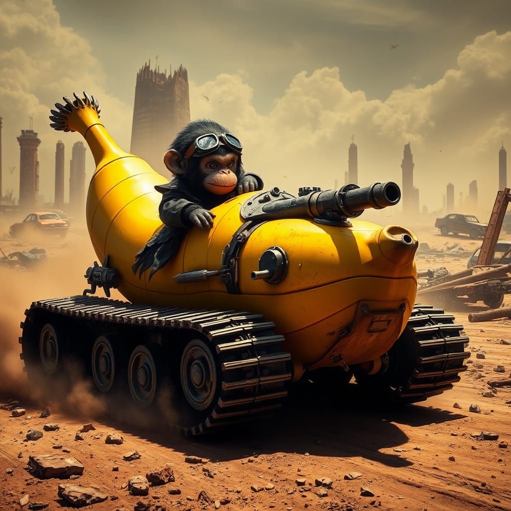 Chibi Monkey Races Banana Tank in Mad Max Wasteland