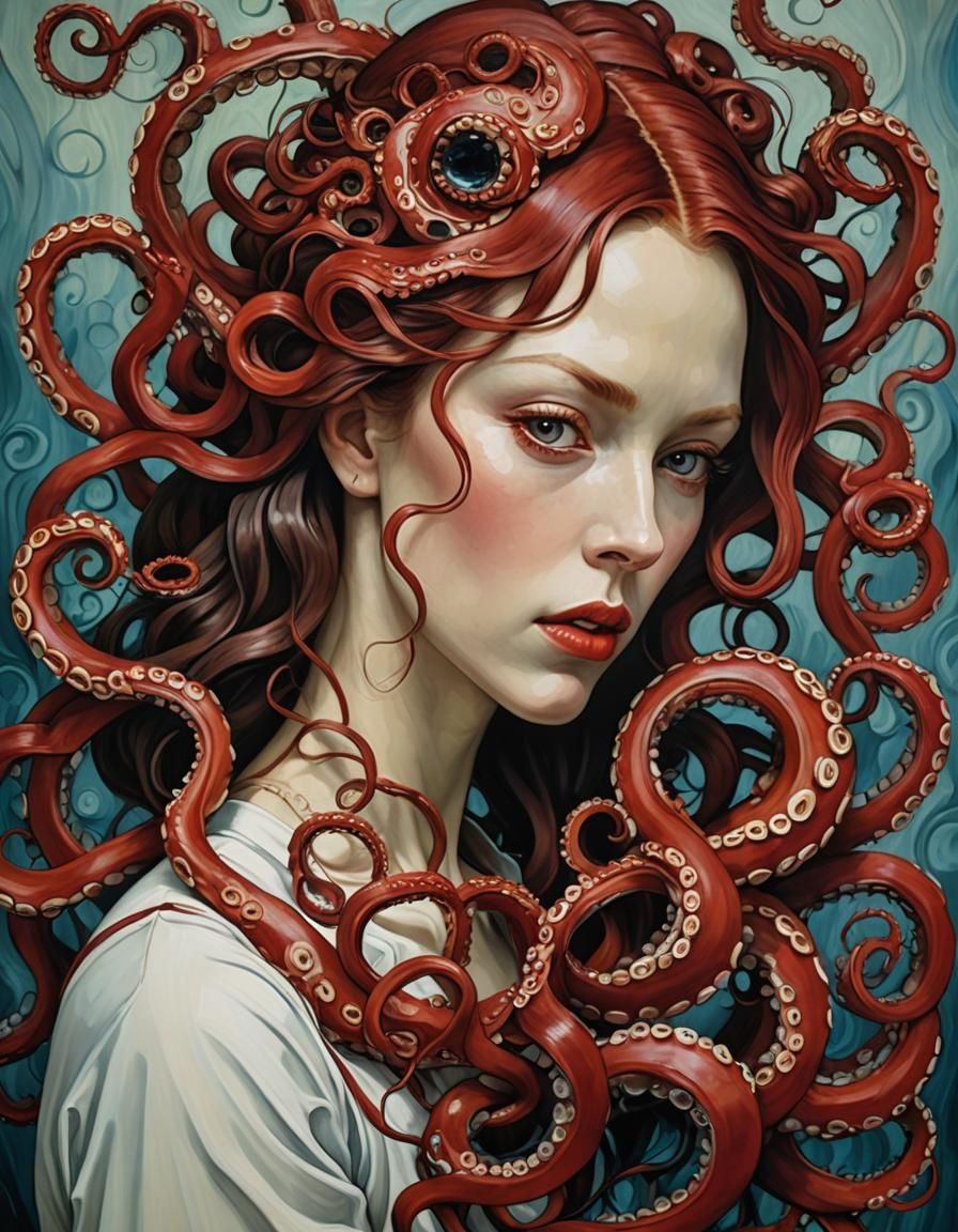 Red Octopus Woman in Van Gogh Style