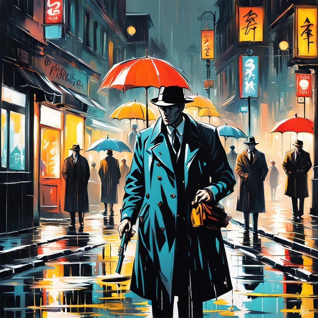 Film Noir Detective in Rainy Street Scene