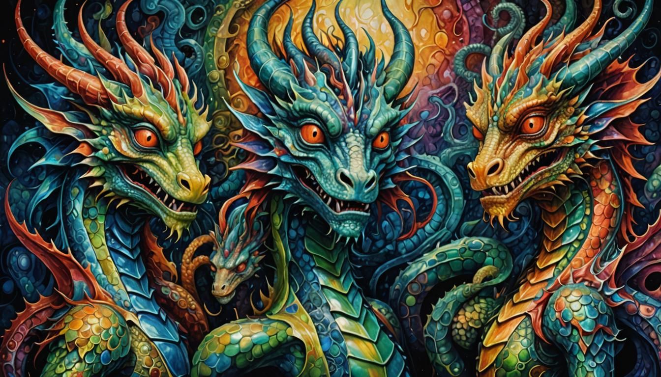 Surreal Dancing Dragons with Fractal Iridescent Skin