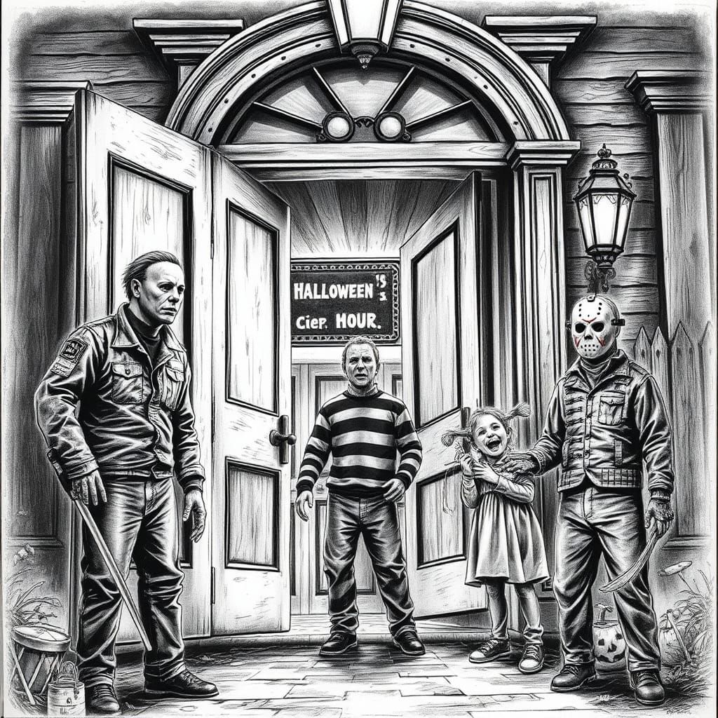 Horror Icons at Victorian House in Charcoal Drawing