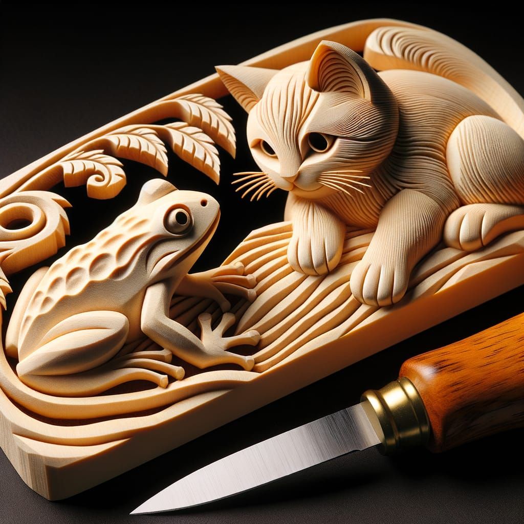 Ittobori Carving: Cat and Frog Playful Scene