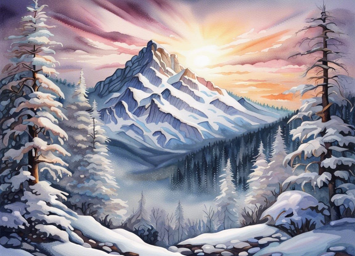 Sparkling Mountain View at Sunrise: Watercolor Art