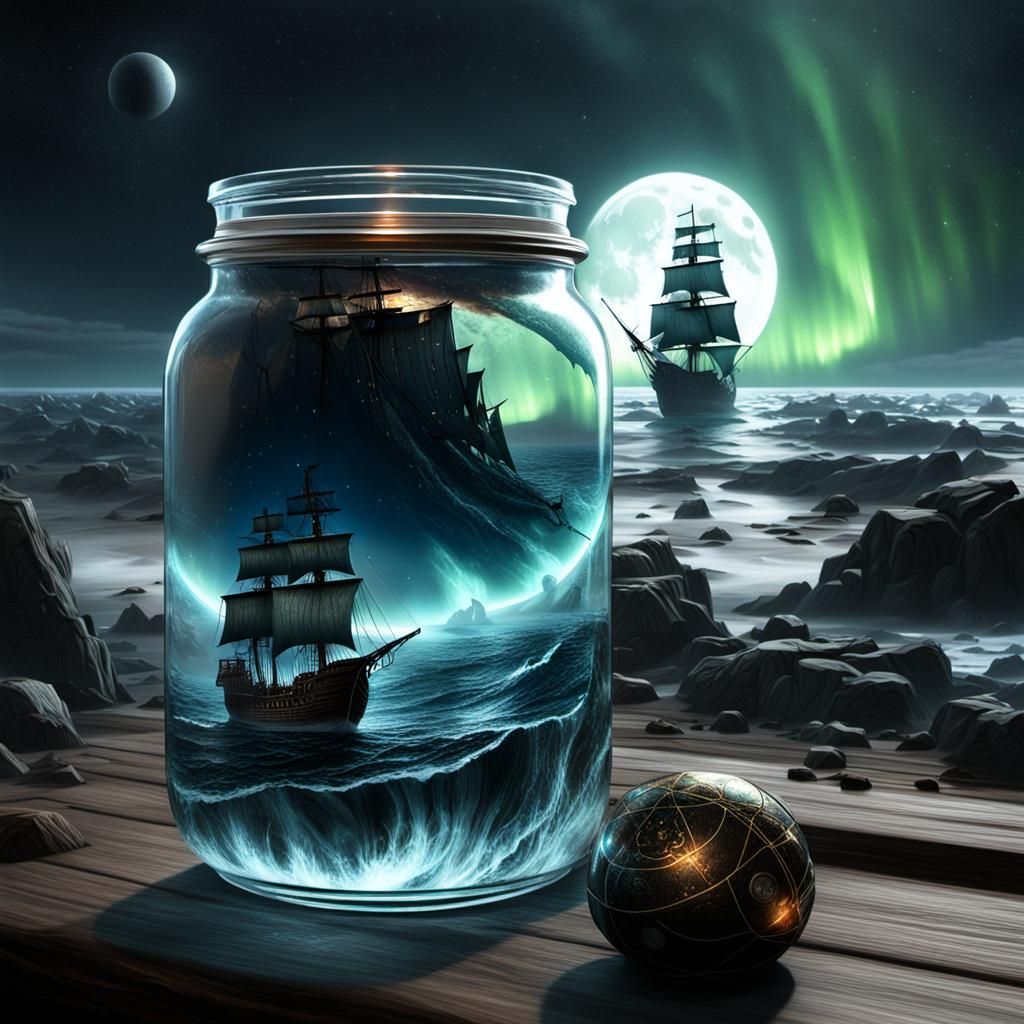 Storm and pirate ship in a jar.