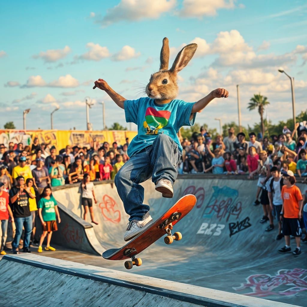 Skateboarding Rabbit in 90s Clothes Doing Trick