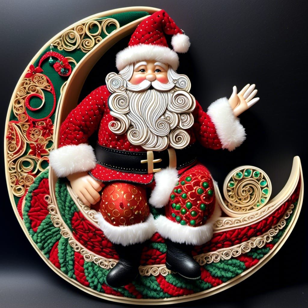 Santa on Zentangle Moon with Brocade Fabric