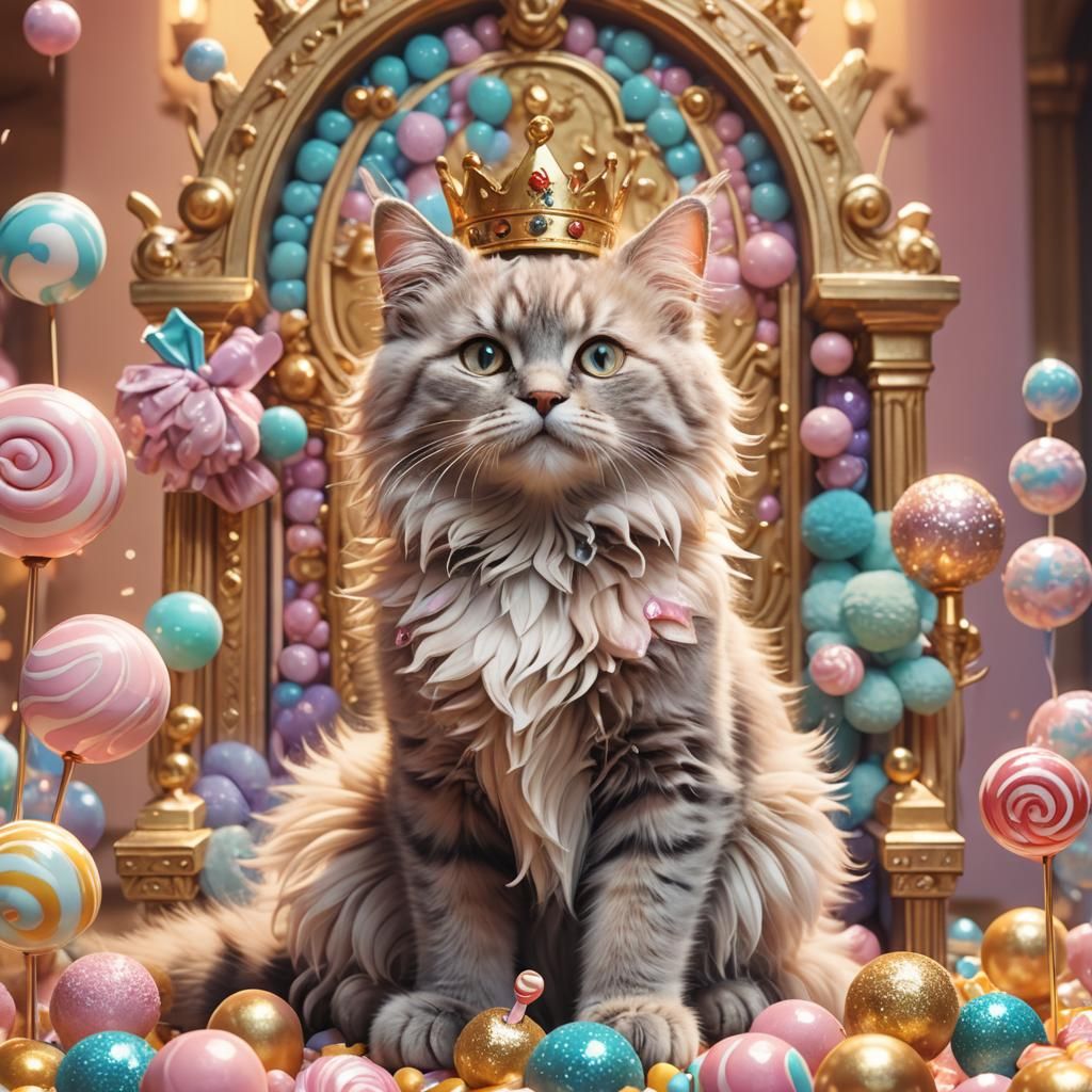 Kitten Queen on Candy Throne in Art Nouveau Style
