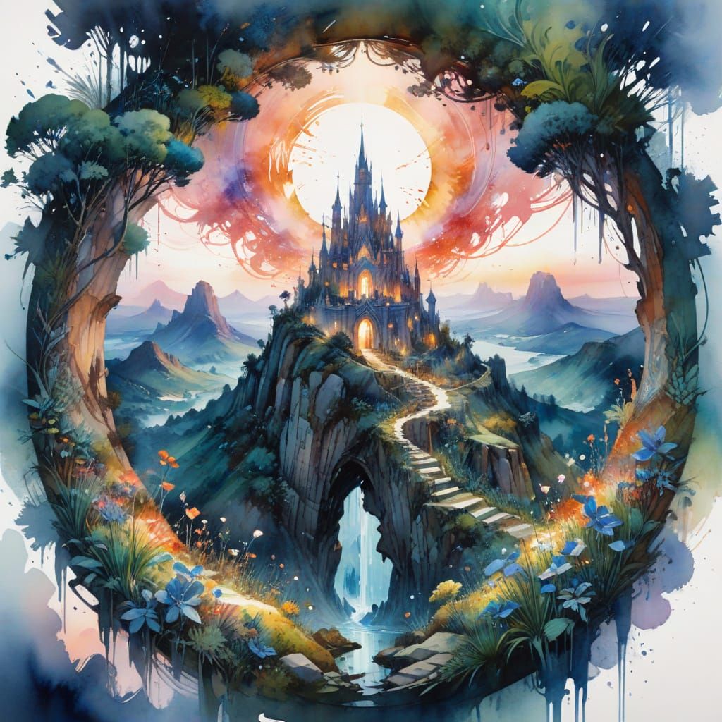 Kaleidoscopic Mandala-City at Dusk in Watercolour Style