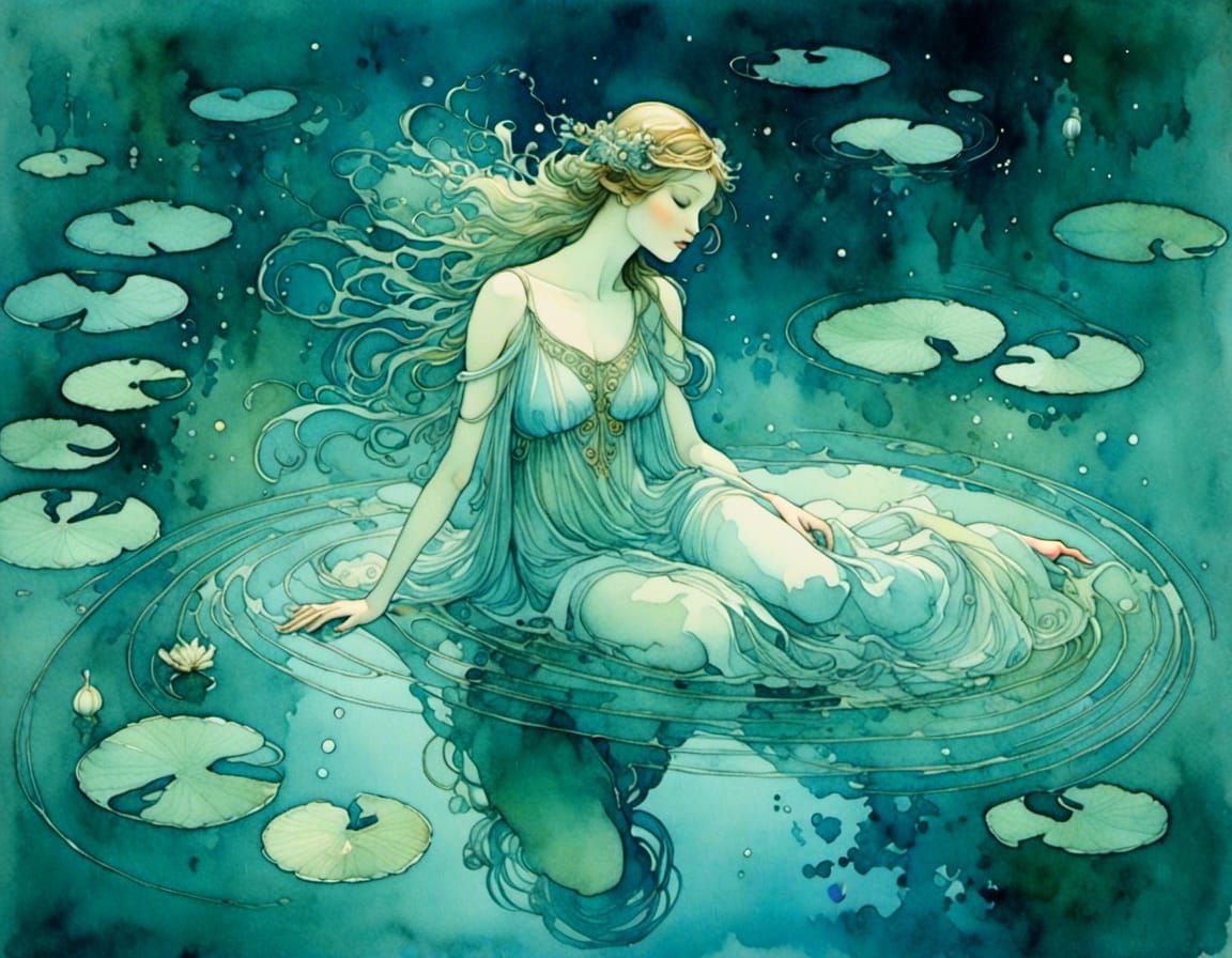 Bioluminescent Water Nymph in Vintage Watercolor Style