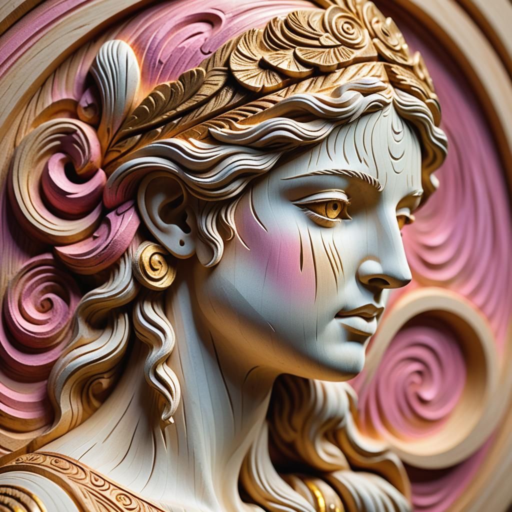 Greek Goddess Profile in Polychromatic Wood Carving