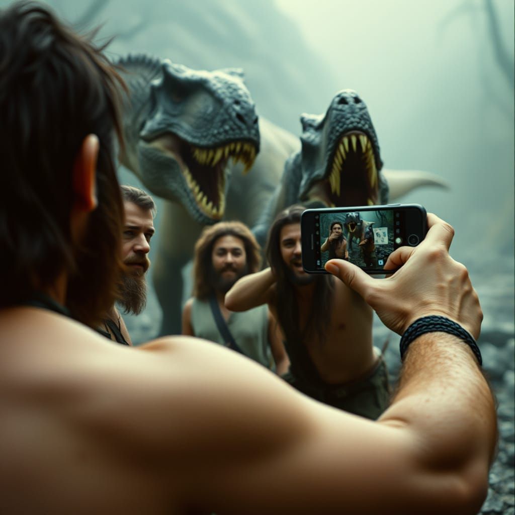 Prehistoric Men Snap a Selfie Amidst a Dinosaur Stampede in ...