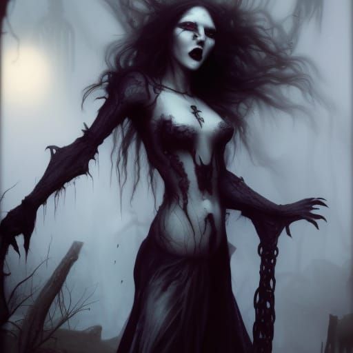 Dark Gothic Vampire Witch in Cemetery: Fantasy Art
