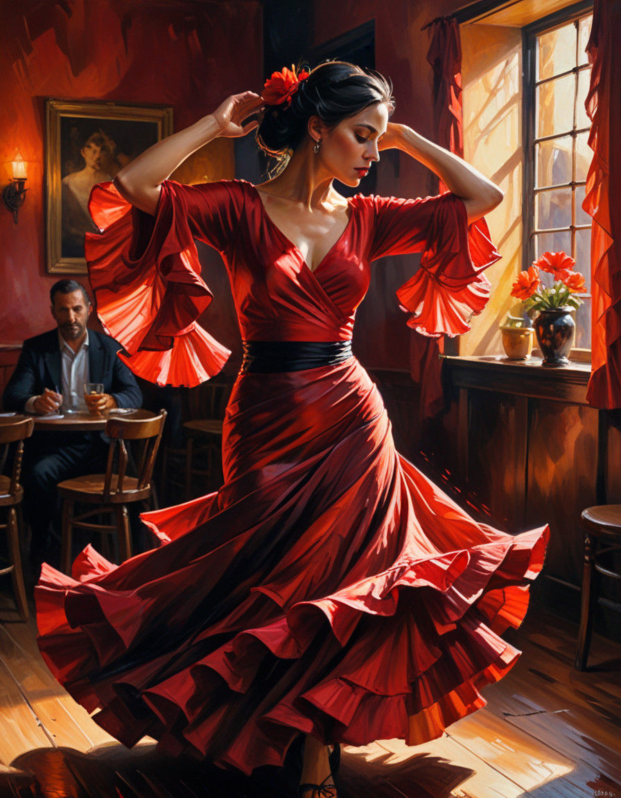 Fierce Female Flamenco Dancer in Dimly Lit Tavern